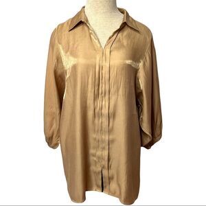 Chicos Champagne Gold Tunic Puffy Sleeve Blouse Collar Pullover Top Size Medium